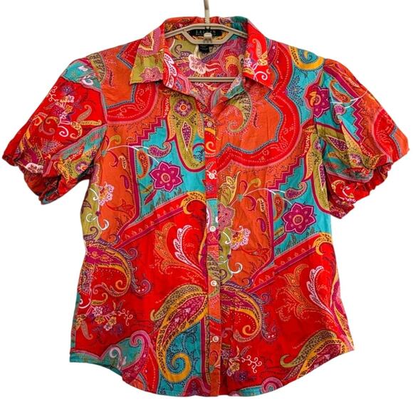 Lauren Ralph Lauren Puff Sleeve Button Shirt Colorful Paisley Large preppy - Picture 1 of 6